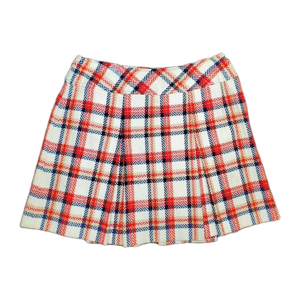 Vintage 60s College Town Wool Plaid Skirt Navy Red Tan Size 11/12 School Girl
